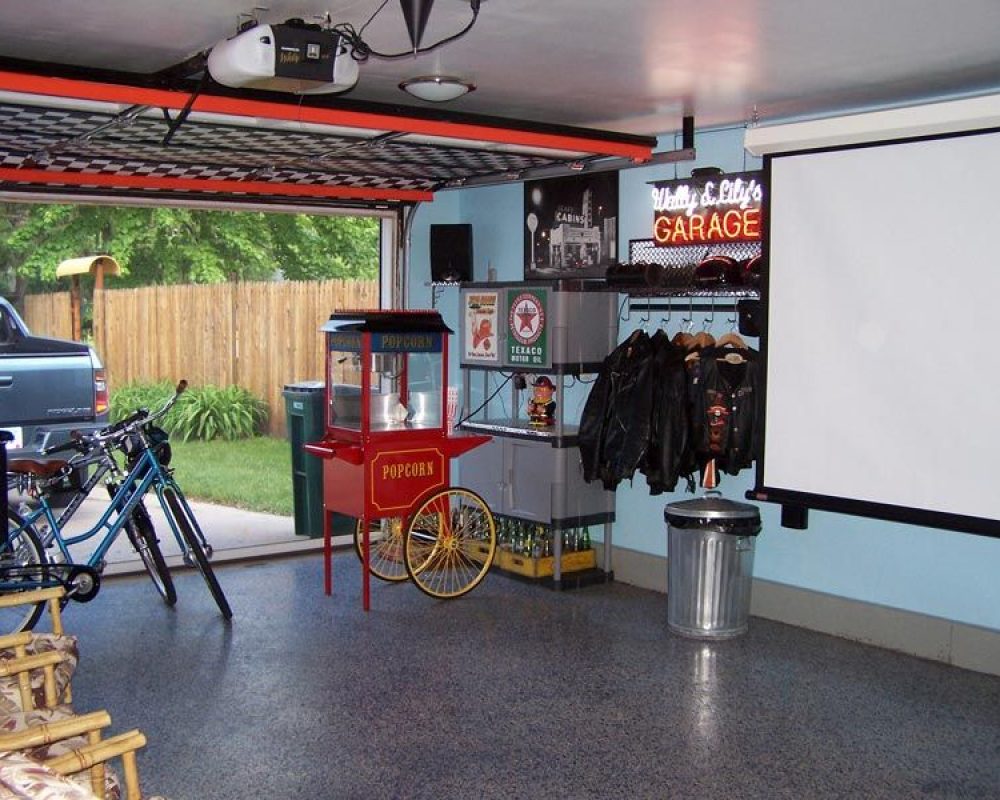 built-in theater in a garage